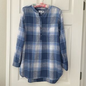 Old Navy Woman’s Tunic Shirt Pocket Cotton Linen Pullover Blue White Plaid M